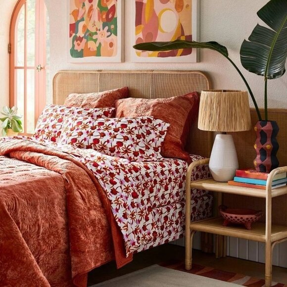 Opalhouse Queen Size Cotton Percale 4 Piece Red & Brown Natalia Floral Sheet Set - Picture 1 of 8